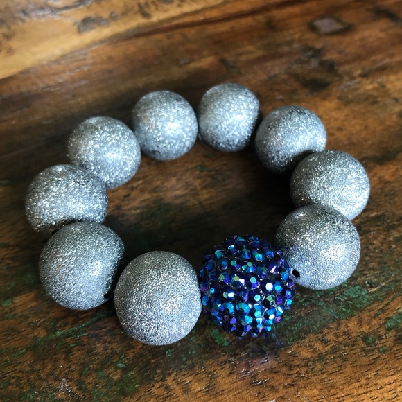 Silver and Iridescent Blue Stretch Bracelet - Picture 1 of 3